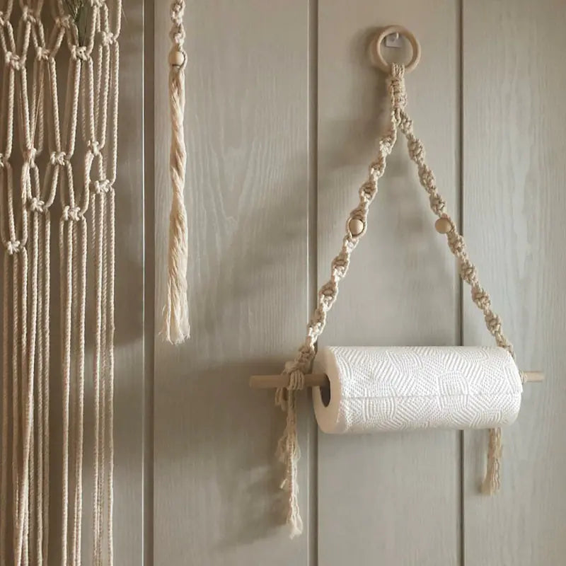 Handmade boho macrame paper towel holder with natural wood
