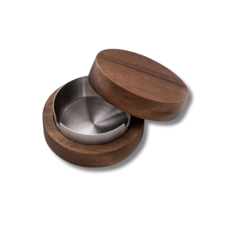 Walnut ashtray with stainless steel insert and lid