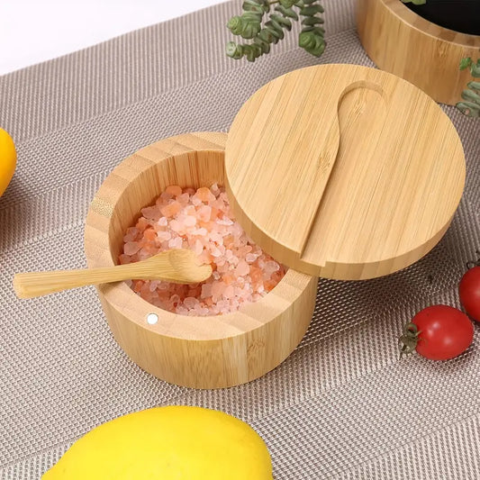 4-inch bamboo salt and spice container with spoon