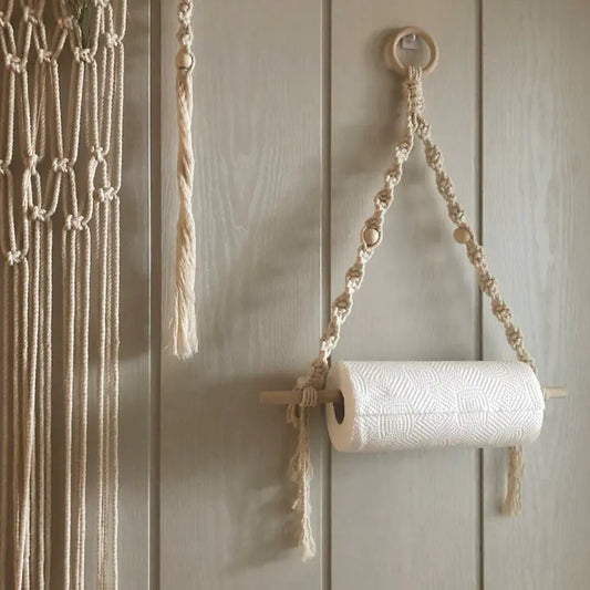 Handmade boho macrame paper towel holder with natural wood