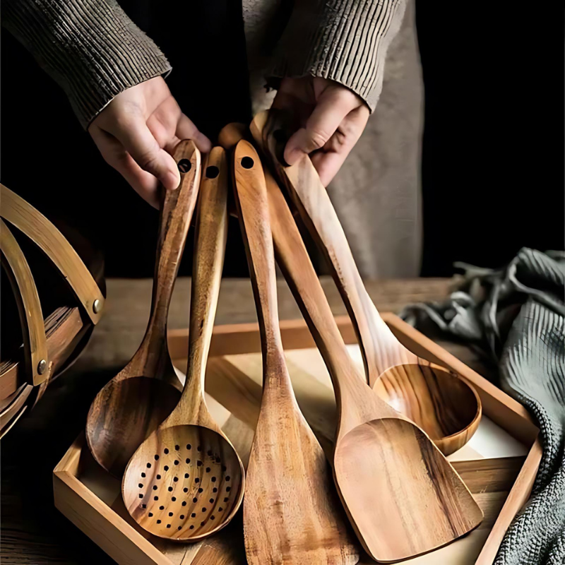 7-piece teak wooden utensil set for cooking