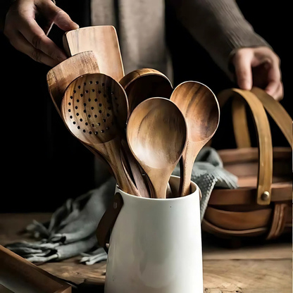 Teak utensil set with non-stick design