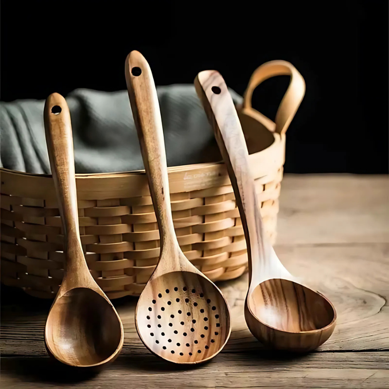 Durable teak wooden utensil set for serving