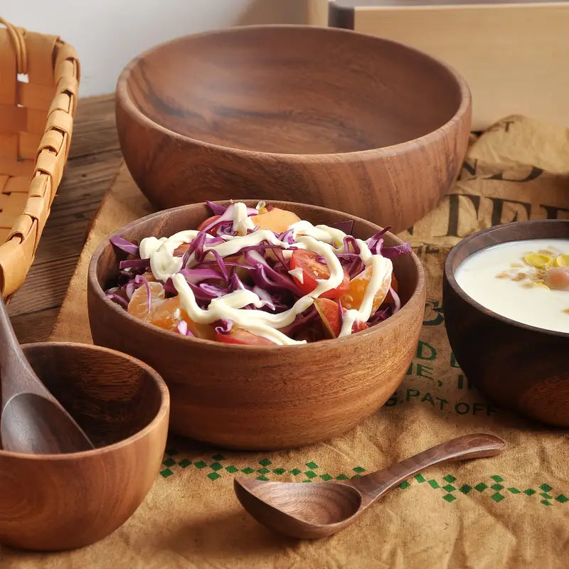 5-piece acacia wooden bowl set with unique wood grain