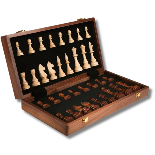 15-inch folding walnut chess set with handmade wooden pieces