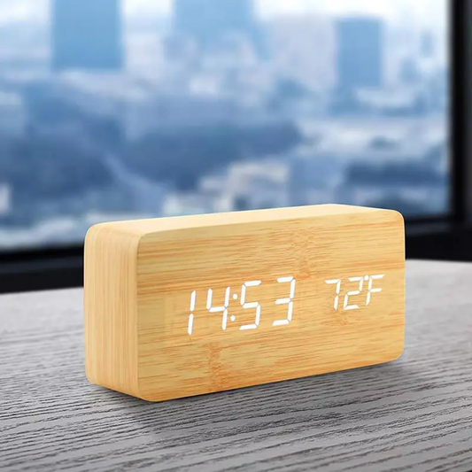 Minimalist wooden clock with adjustable brightness