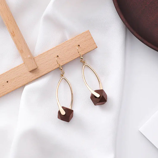 Lightweight dangle wooden earrings with gold-tone hoop
