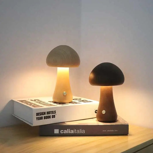 Wooden mushroom light in light or dark finish for decor